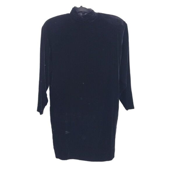 Vintage Leslie Fay Silk Crushed Velvet Long Sleeve Mock Neck Dress 6 Blk Modest - Picture 1 of 9